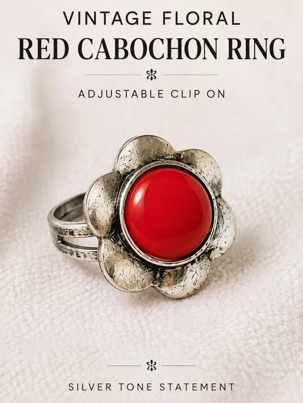 Vintage Red Cabochon Flower Adjustable Ring